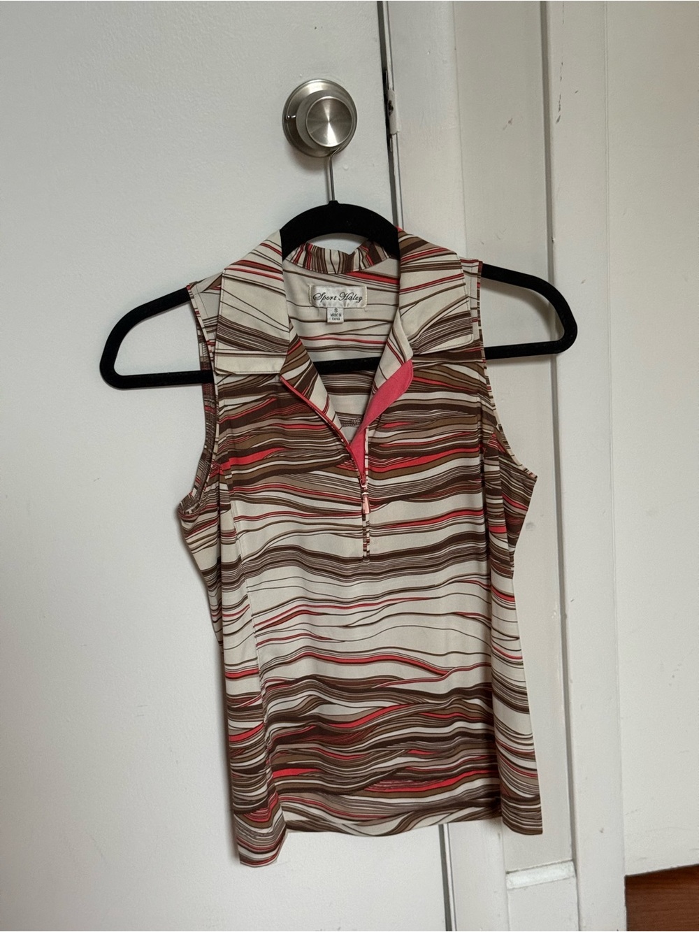 Sport Haley Striped Collared Zip Tank in Brown, Pink & Cream